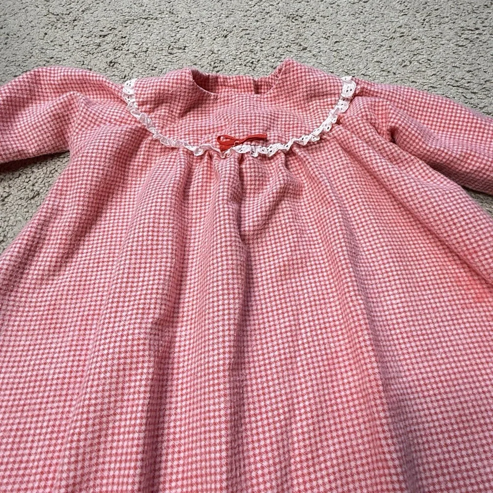 Primitive Baby Girls Red Gingham Christmas Nightgown Eyelet Lace 18-24M 1980s